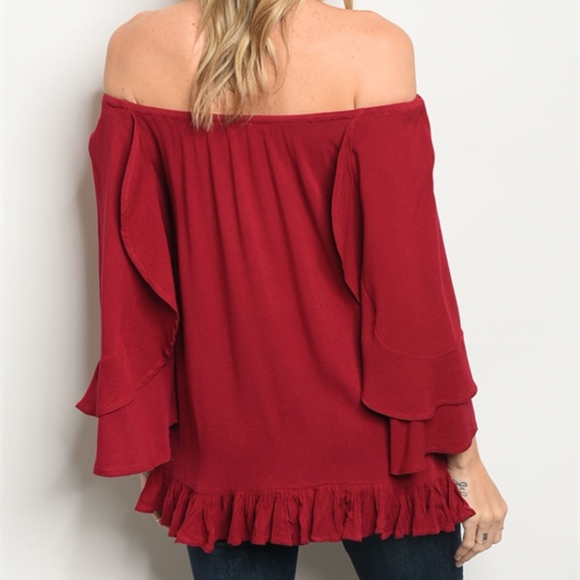 1 left! RED WINE OFF SHOULDER KNIT TUNIC TOP - Picture 3 of 8